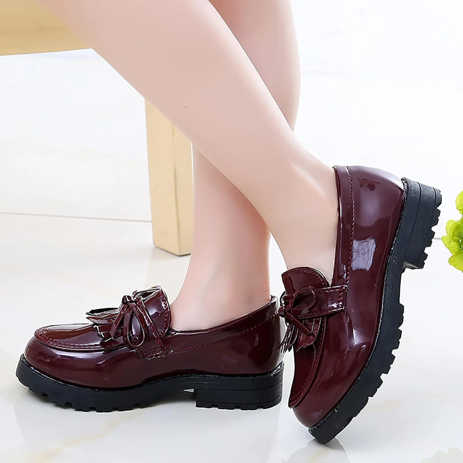 Girls Slip On Leather Loafer Tassel Bow School Dress Shoes for Girls Little Girls Dress Shoes