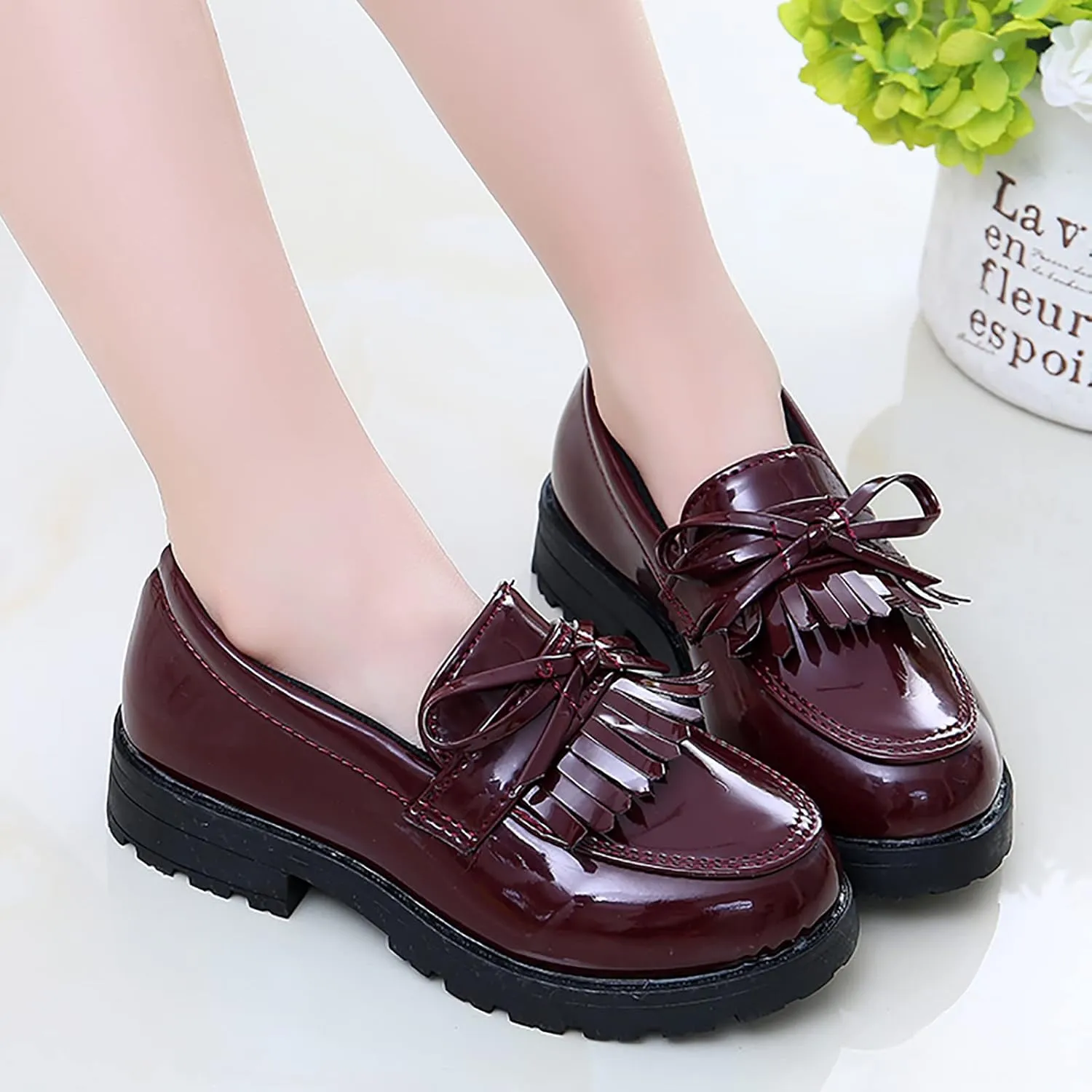 Girls Slip On Leather Loafer Tassel Bow School Dress Shoes for Girls Little Girls Dress Shoes