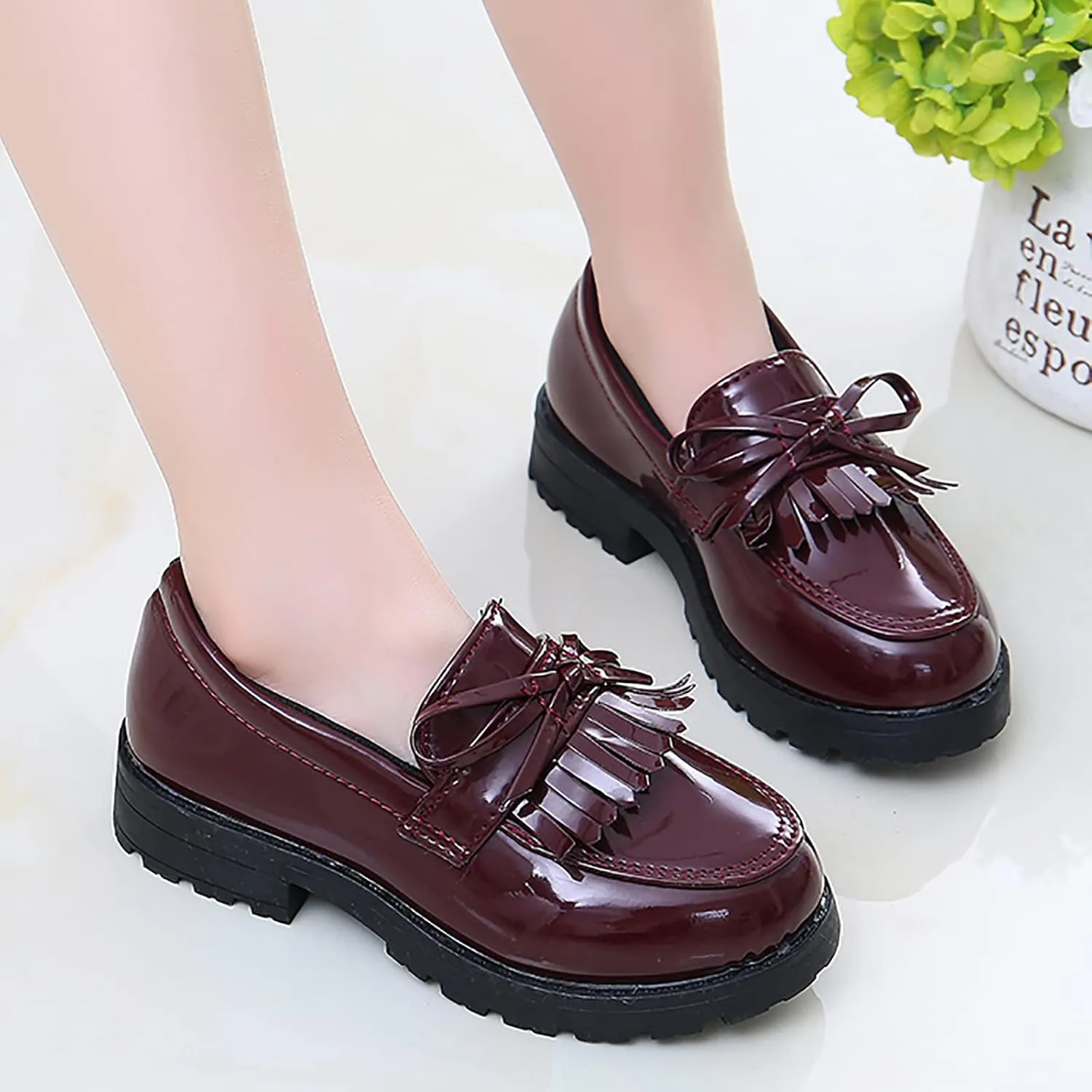 Girls Slip On Leather Loafer Tassel Bow School Dress Shoes for Girls Little Girls Dress Shoes