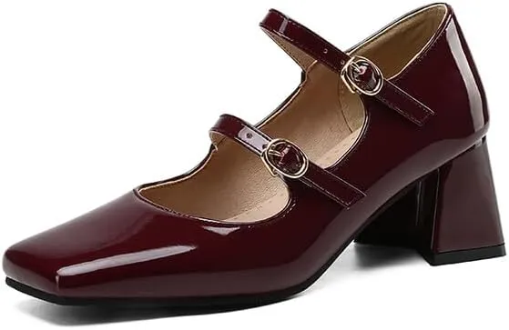 Glamorous Burgundy Patent Leather Pumps Double Strap Mary Jane Shoes with Block Heel
