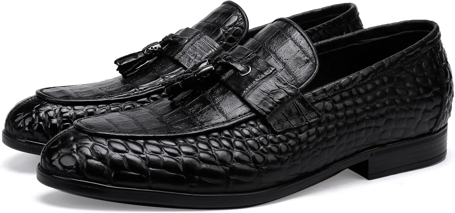 Golden COXES Formal Mens Leather Dress Shoes, Classic Alligator Ostrich Pattern Slip On Buckle Loafers Business Shoes Party Wedding Leather Loafers for Mens, Black