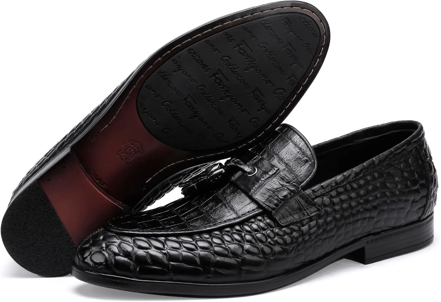 Golden COXES Formal Mens Leather Dress Shoes, Classic Alligator Ostrich Pattern Slip On Buckle Loafers Business Shoes Party Wedding Leather Loafers for Mens, Black