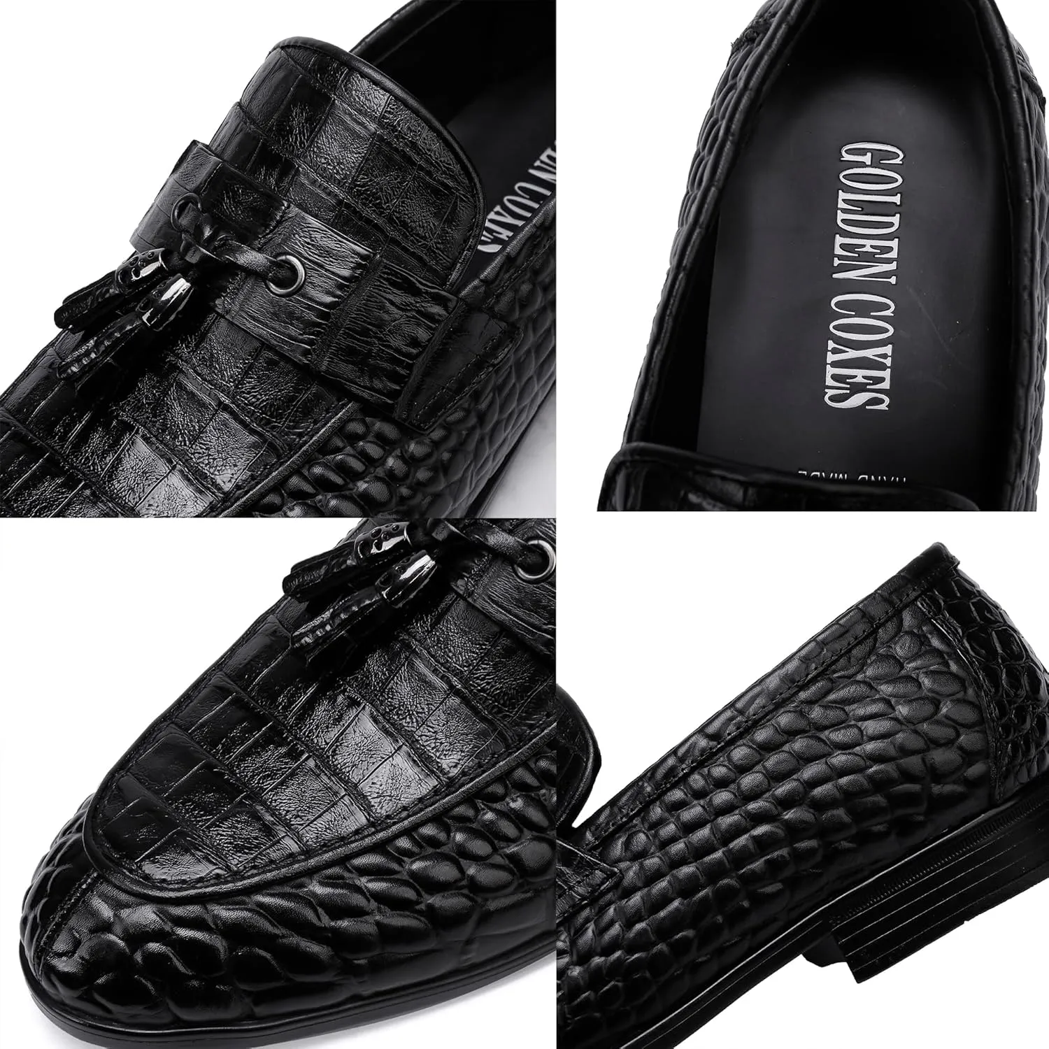 Golden COXES Formal Mens Leather Dress Shoes, Classic Alligator Ostrich Pattern Slip On Buckle Loafers Business Shoes Party Wedding Leather Loafers for Mens, Black