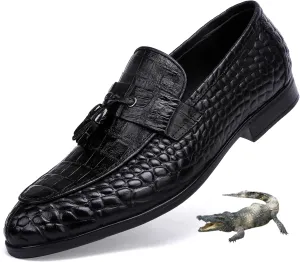 Golden COXES Formal Mens Leather Dress Shoes, Classic Alligator Ostrich Pattern Slip On Buckle Loafers Business Shoes Party Wedding Leather Loafers for Mens, Black