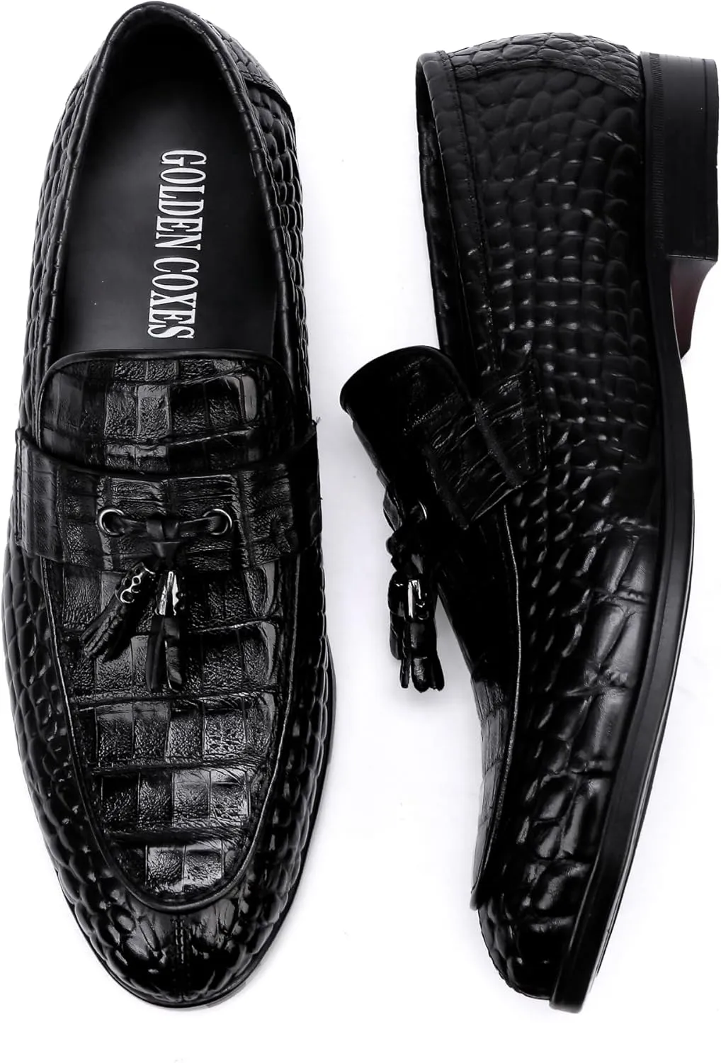 Golden COXES Formal Mens Leather Dress Shoes, Classic Alligator Ostrich Pattern Slip On Buckle Loafers Business Shoes Party Wedding Leather Loafers for Mens, Black