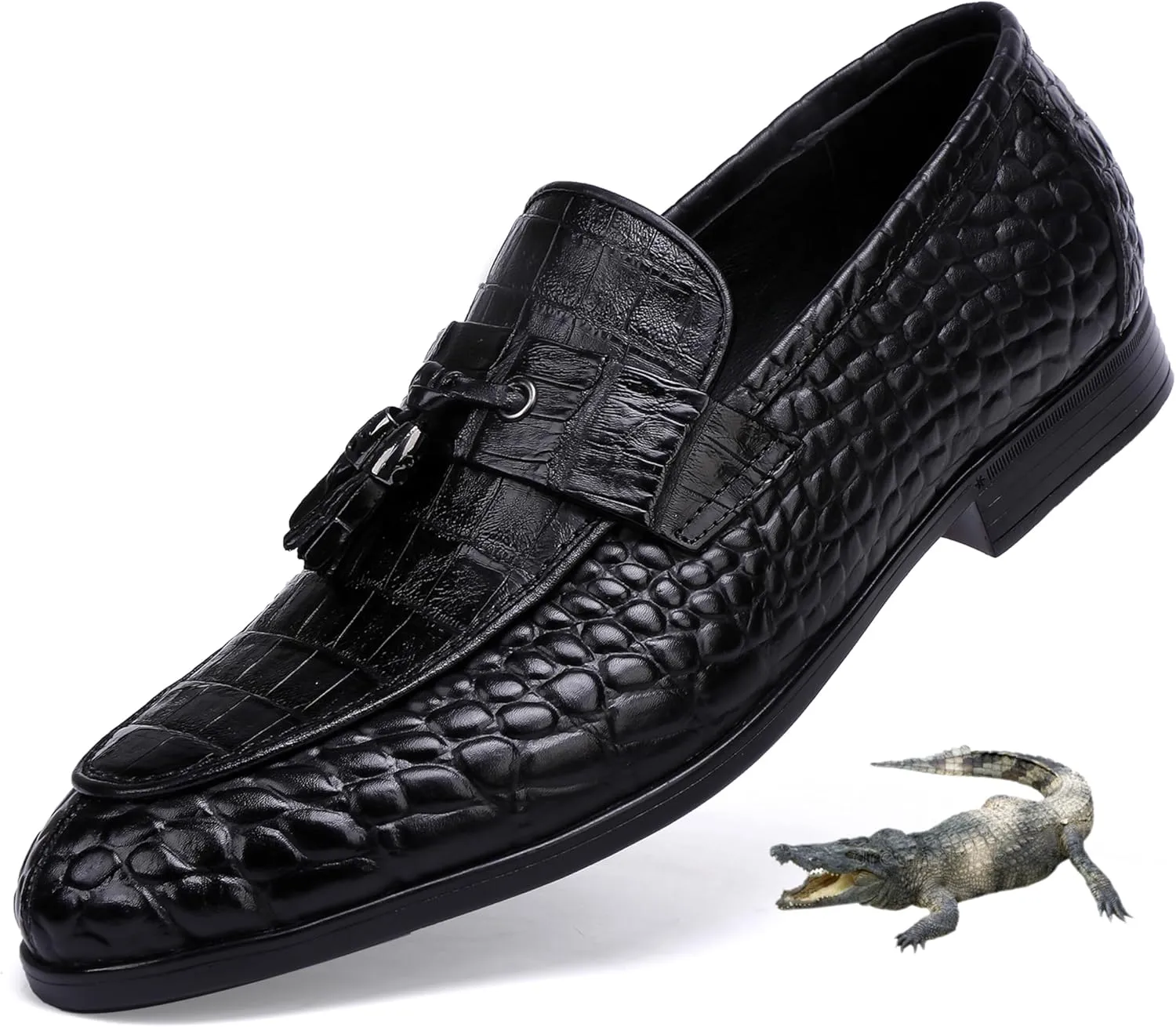 Golden COXES Formal Mens Leather Dress Shoes, Classic Alligator Ostrich Pattern Slip On Buckle Loafers Business Shoes Party Wedding Leather Loafers for Mens, Black