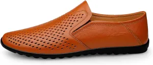 HOOENG Driving Moccasins for Men Breathable Lightweight Driving Loafers Leather Flexible Anti-Slip Resistant Flat Heel Walking Slip On (Color : Orange, Size : 8.5)