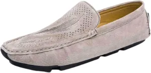 HOOENG Driving Moccasins Smoking Loafer for Men Genuine Leather Round Toe Leaf Embroidery Perforated Faux Fur Lined Option Soft Flat Heel Resistant Flexible (Color : Khaki Perforated, Size : 10)
