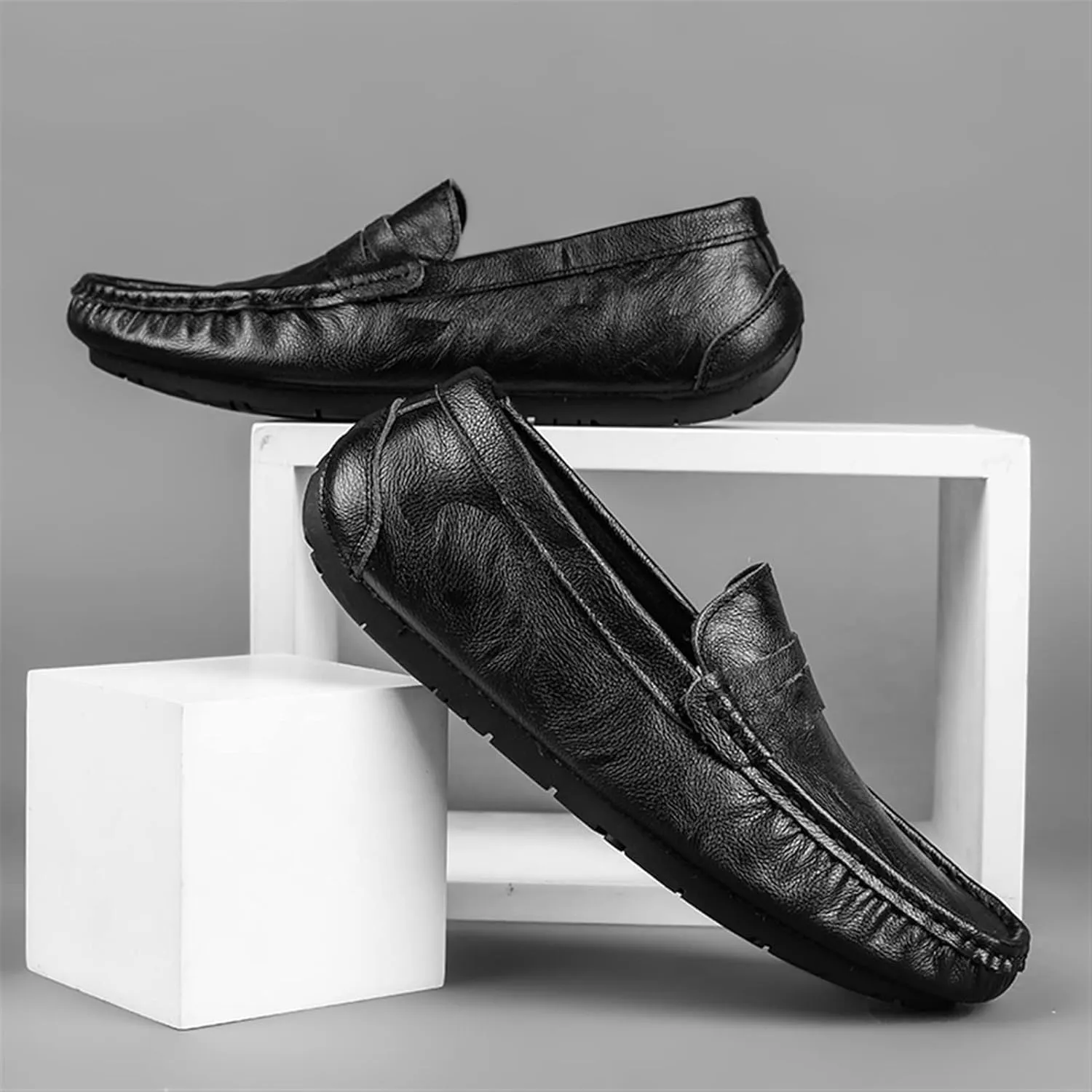 HOOENG Driving Moccasins Smoking Loafer for Men Penny Loafer Genuine Leather Stitching Details Round Toe Anti-Slip Flexible Resistant Driving Slip on