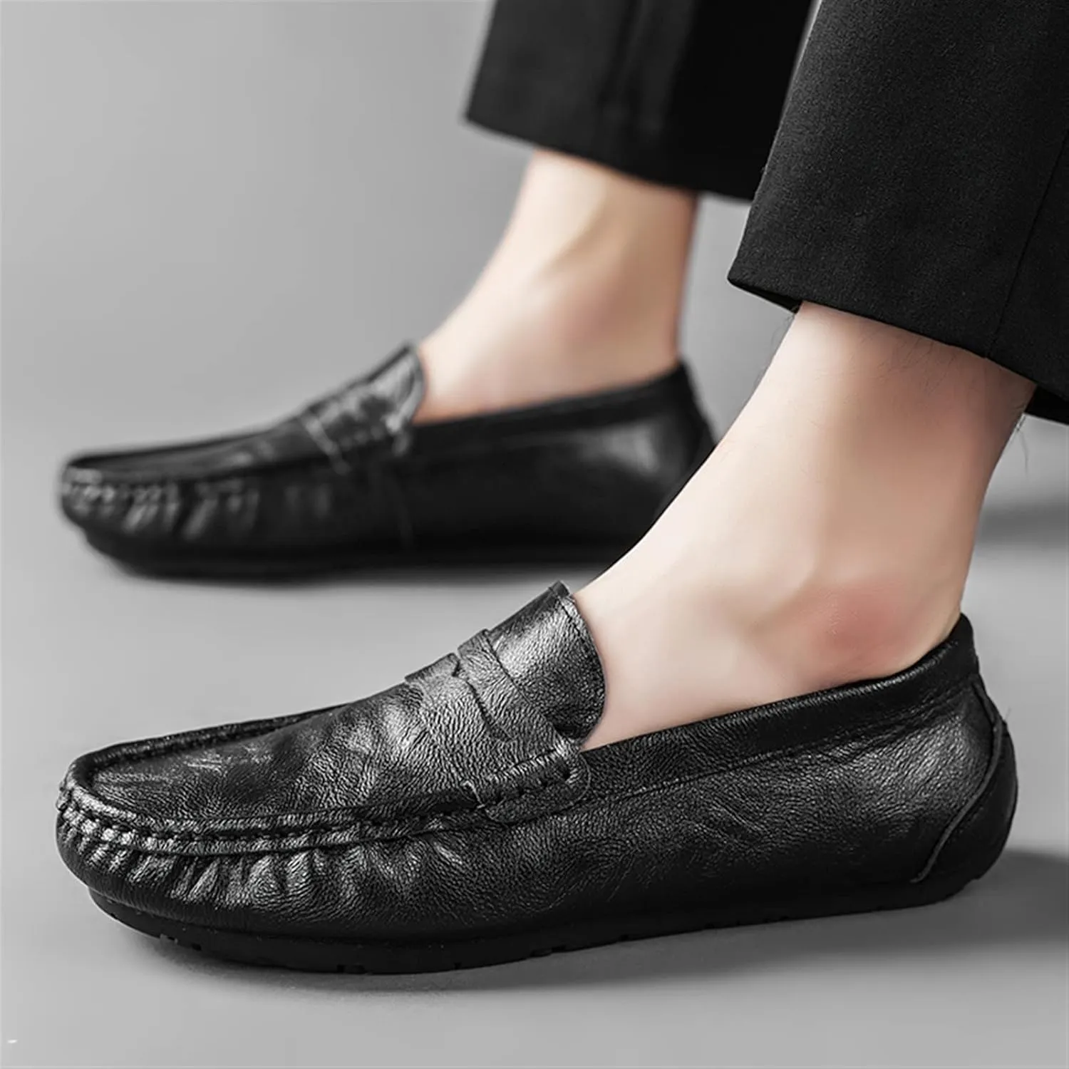 HOOENG Driving Moccasins Smoking Loafer for Men Penny Loafer Genuine Leather Stitching Details Round Toe Anti-Slip Flexible Resistant Driving Slip on