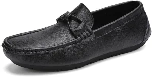 HOOENG Smoking Loafer for Men Genuine Leather Bow Stitching Details Round Toe Resistant Anti-Slip Flat Heel Lightweight Driving Slip On (Color : Black, Size : 7)