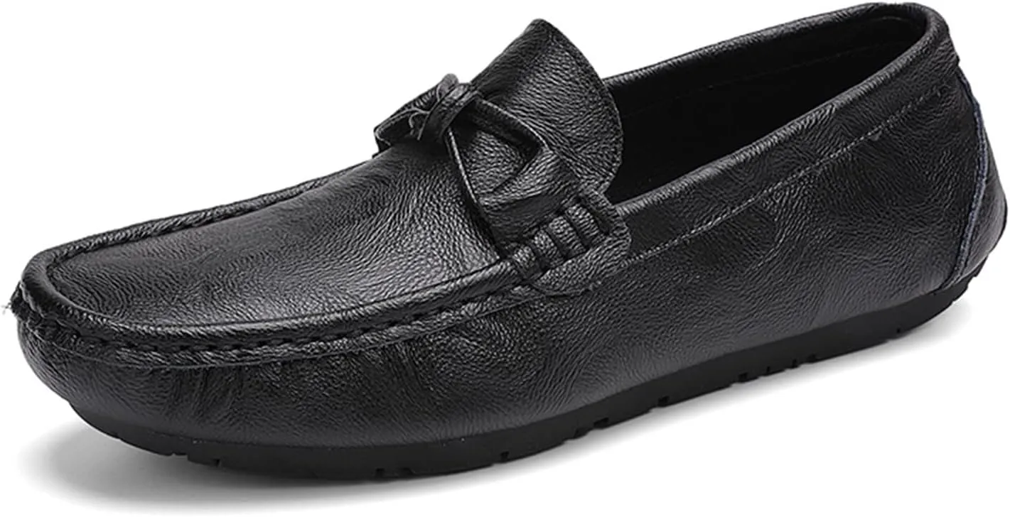 HOOENG Smoking Loafer for Men Genuine Leather Bow Stitching Details Round Toe Resistant Anti-Slip Flat Heel Lightweight Driving Slip On (Color : Black, Size : 7)