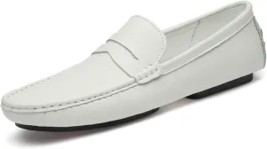 HOOENG Smoking Loafer for Men Penny Loafer Genuine Leather Round Toe Stitching Details Soft Resistant Comfortable Flat Heel Flexible Casual Slip on (Color : White, Size : 9)