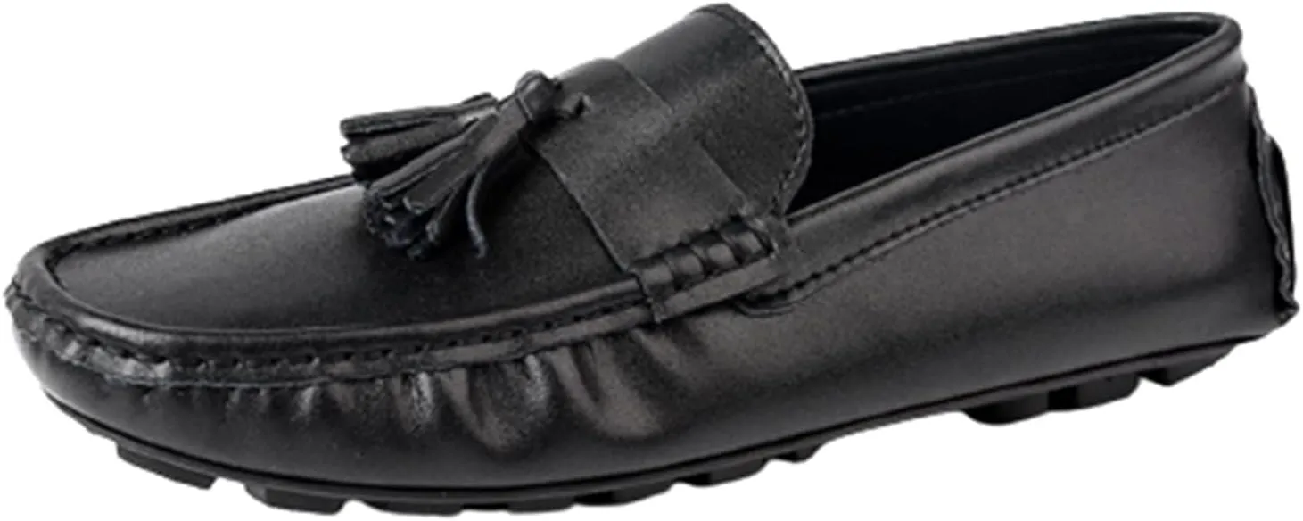 HOOENG Smoking Loafer for Men Tassel Stitching Details Round Toe Genuine Leather Flexible Flat Heel Lightweight Driving Slip On (Color : Black, Size : 7.5 M US)