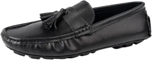 HOOENG Smoking Loafer for Men Tassel Stitching Details Round Toe Genuine Leather Flexible Flat Heel Lightweight Driving Slip On (Color : Black, Size : 7.5 M US)