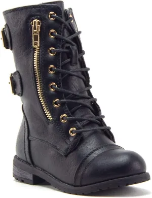 Jazam Little Girls Justina Tall Calf High Combat Zipped Round Toe Riding Dress Boots