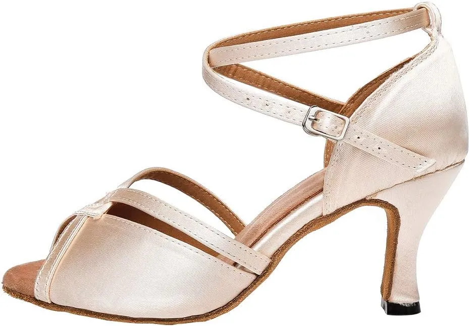 JUODVMP Women Ballroom Dance Shoes Salsa Latin Shoes Heels Peep-Toe Modle YCL350
