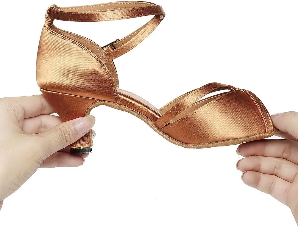 JUODVMP Women Ballroom Dance Shoes Salsa Latin Shoes Heels Peep-Toe Modle YCL350