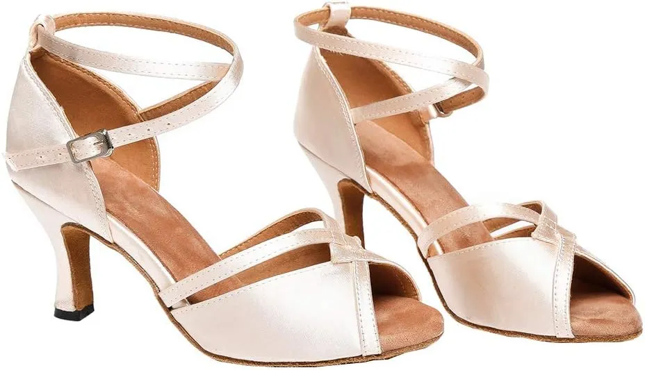 JUODVMP Women Ballroom Dance Shoes Salsa Latin Shoes Heels Peep-Toe Modle YCL350