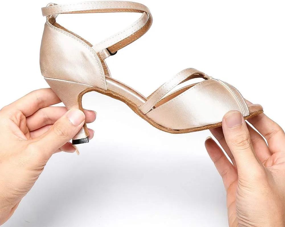 JUODVMP Women Ballroom Dance Shoes Salsa Latin Shoes Heels Peep-Toe Modle YCL350