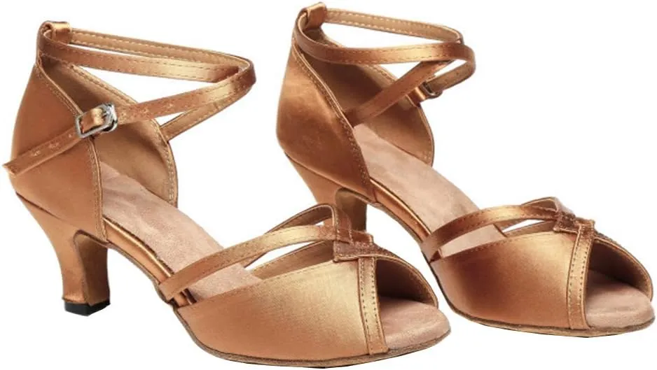 JUODVMP Women Ballroom Dance Shoes Salsa Latin Shoes Heels Peep-Toe Modle YCL350