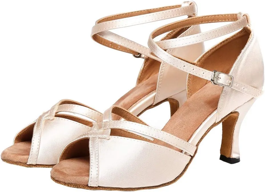 JUODVMP Women Ballroom Dance Shoes Salsa Latin Shoes Heels Peep-Toe Modle YCL350