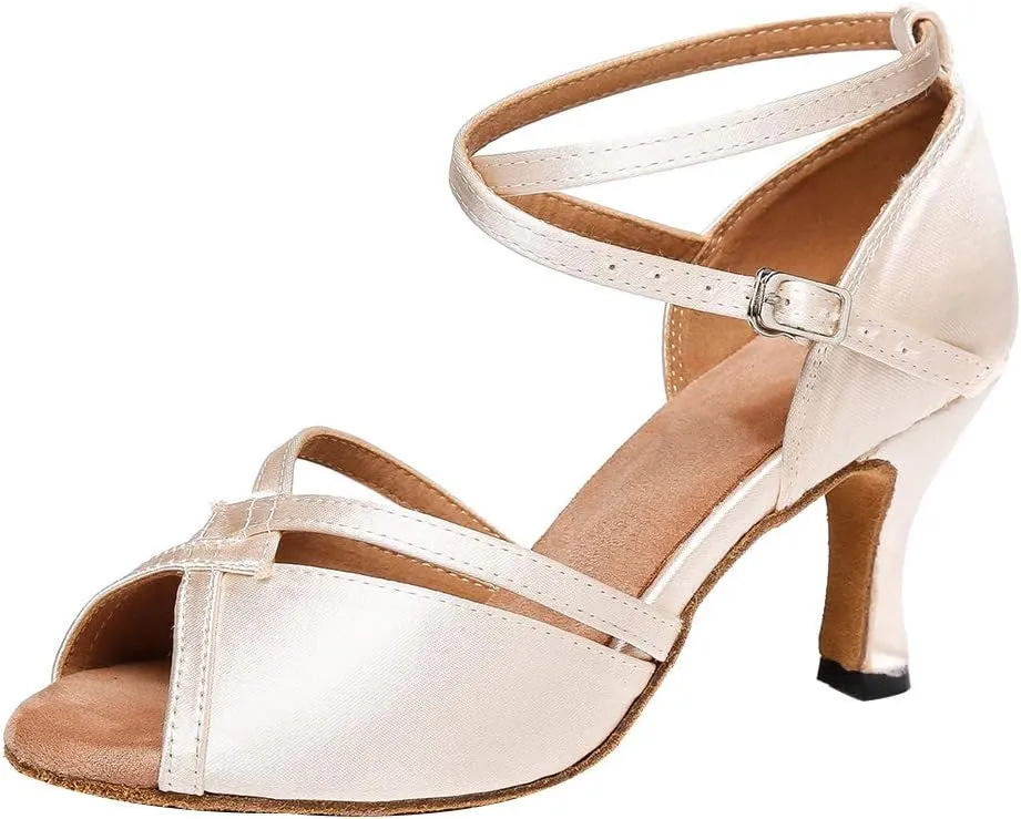 JUODVMP Women Ballroom Dance Shoes Salsa Latin Shoes Heels Peep-Toe Modle YCL350