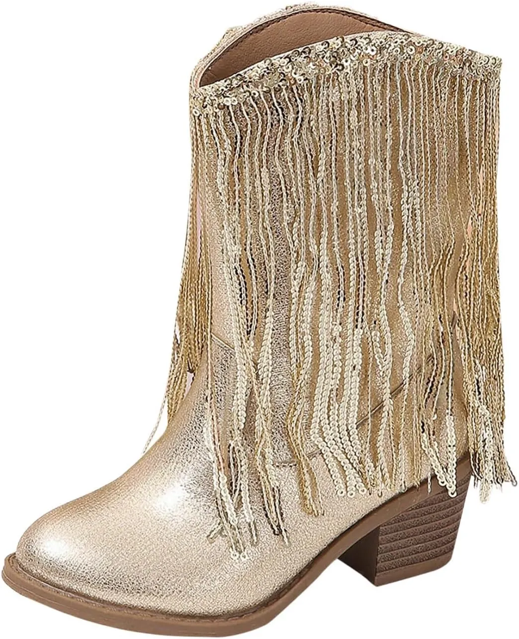 Kids Cowboy Boots for Girls Sparkly Leather Western Cowgirl Boots Mid Calf Sequins Tassel Riding Shoes Casual Boot