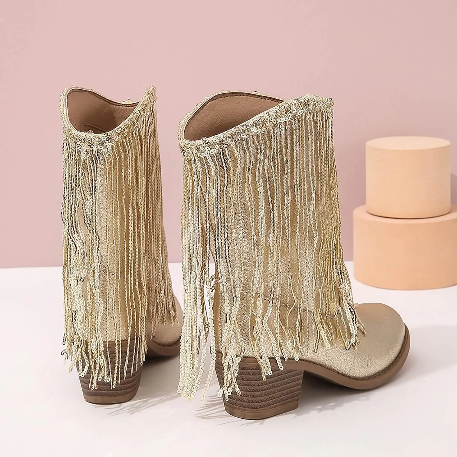 Kids Cowboy Boots for Girls Sparkly Leather Western Cowgirl Boots Mid Calf Sequins Tassel Riding Shoes Casual Boot