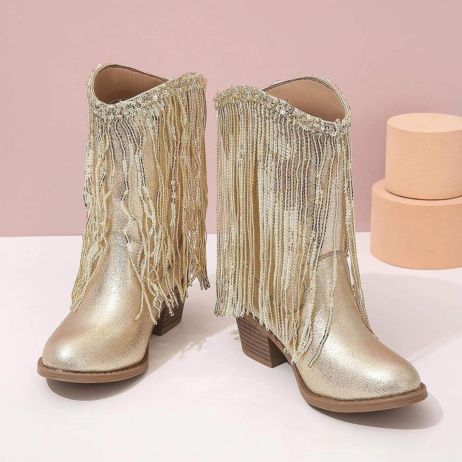 Kids Cowboy Boots for Girls Sparkly Leather Western Cowgirl Boots Mid Calf Sequins Tassel Riding Shoes Casual Boot