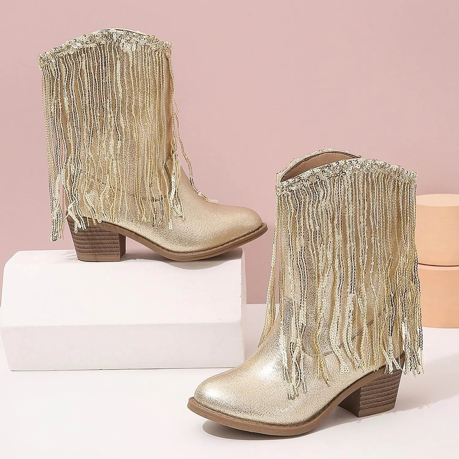 Kids Cowboy Boots for Girls Sparkly Leather Western Cowgirl Boots Mid Calf Sequins Tassel Riding Shoes Casual Boot