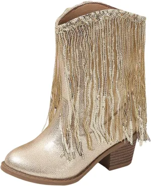 Kids Cowboy Boots for Girls Sparkly Leather Western Cowgirl Boots Mid Calf Sequins Tassel Riding Shoes Casual Boot