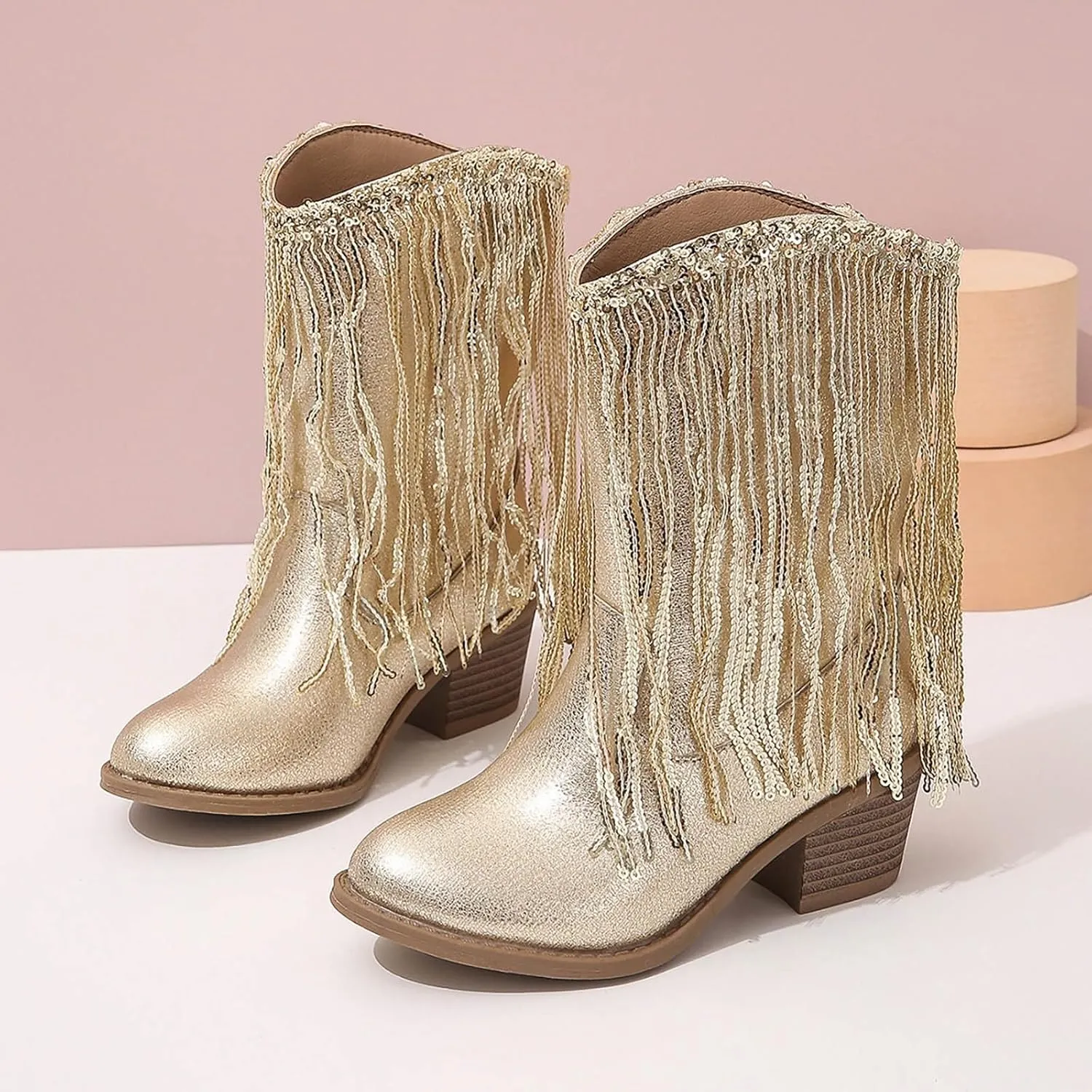 Kids Cowboy Boots for Girls Sparkly Leather Western Cowgirl Boots Mid Calf Sequins Tassel Riding Shoes Casual Boot