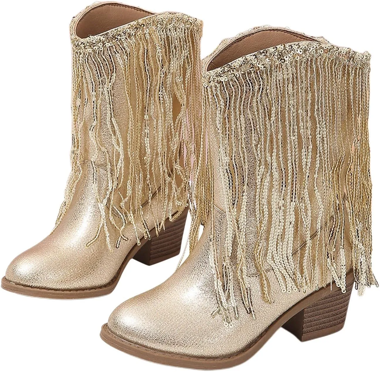 Kids Cowboy Boots for Girls Sparkly Leather Western Cowgirl Boots Mid Calf Sequins Tassel Riding Shoes Casual Boot