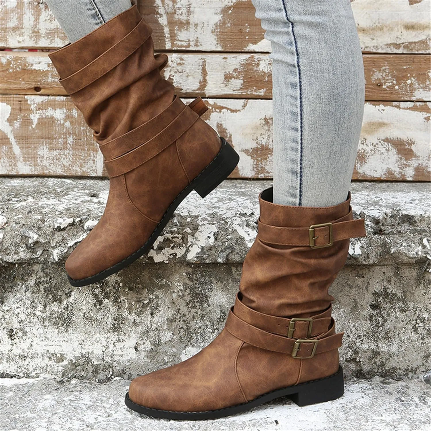 Ladmiple Boots For Women Low Heel Mid Calf Combat Boots Side Zipper Motorcycle Riding Military Biker Winter Ankle Booties