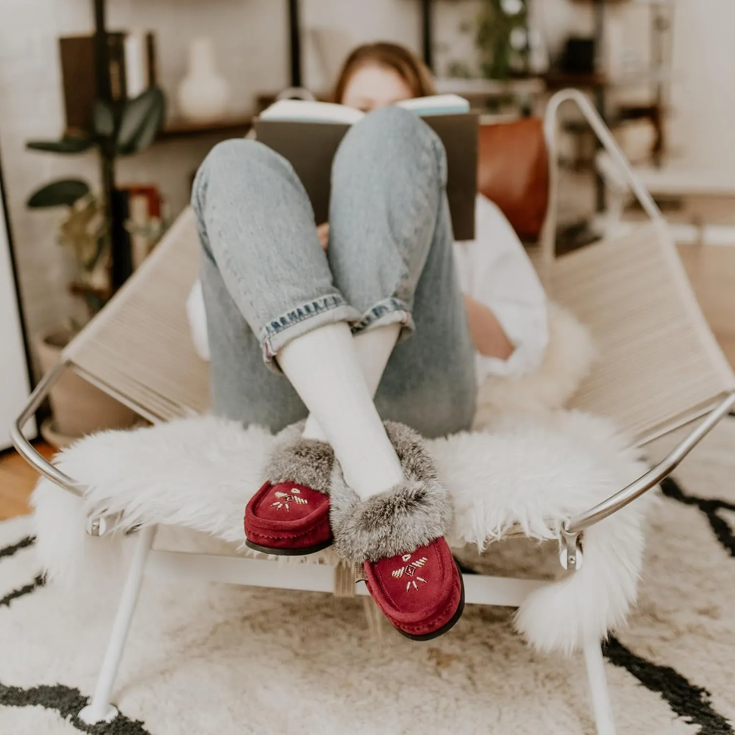 Laurentian Chief Moccasin Slippers for Woman - Orlon Beaded Slippers with Fur Trim and Padded Sole, Comfortable Indoor and Outdoor