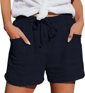 Linen Shorts for Women Elastic Waist Straight Leg Trendy Shorts with Pockets Summer Vacation