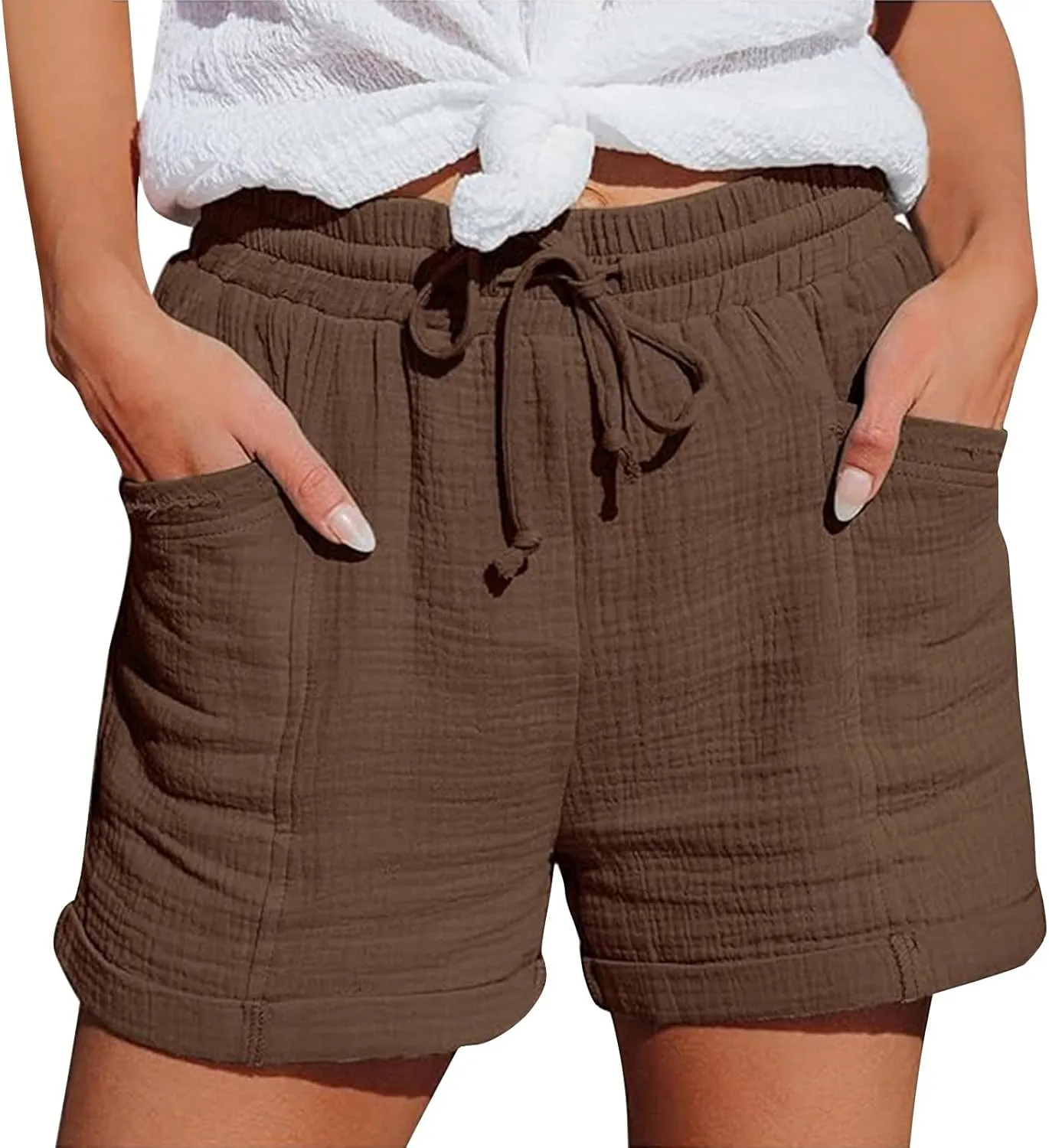 Linen Shorts for Women Elastic Waist Straight Leg Trendy Shorts with Pockets Summer Vacation