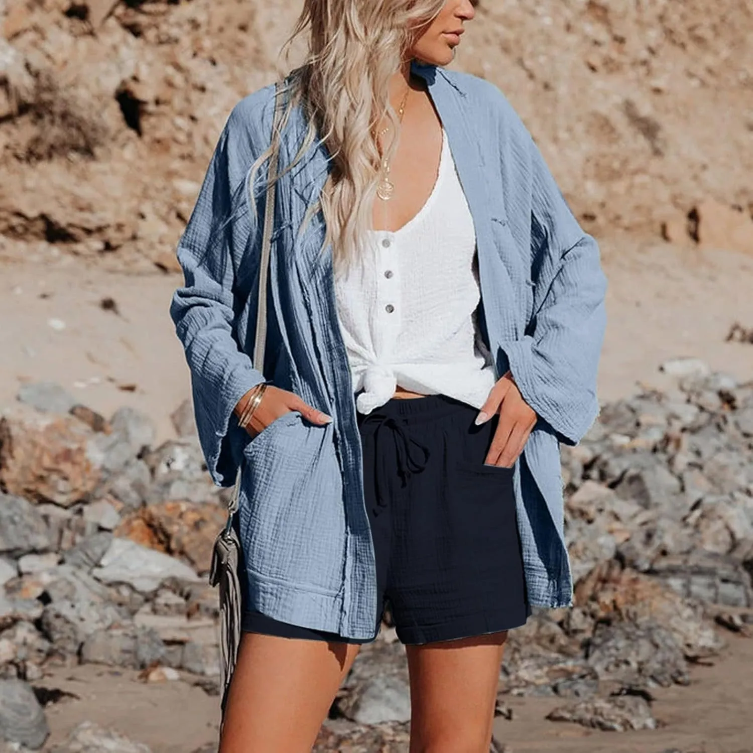Linen Shorts for Women Elastic Waist Straight Leg Trendy Shorts with Pockets Summer Vacation