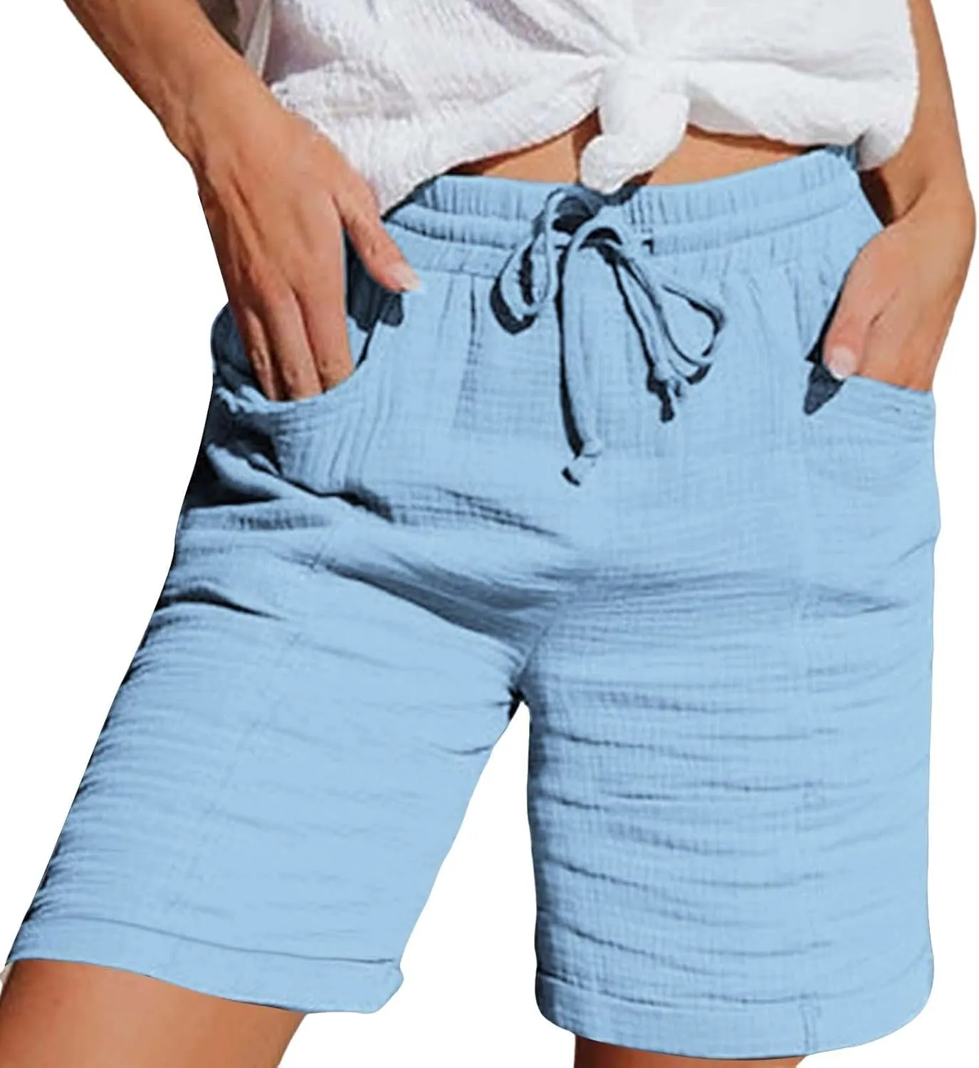 Linen Shorts for Women Elastic Waist Straight Leg Trendy Shorts with Pockets Summer Vacation