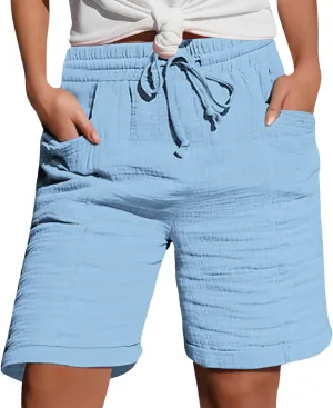 Linen Shorts for Women Elastic Waist Straight Leg Trendy Shorts with Pockets Summer Vacation
