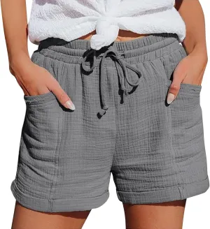Linen Shorts for Women Elastic Waist Straight Leg Trendy Shorts with Pockets Summer Vacation