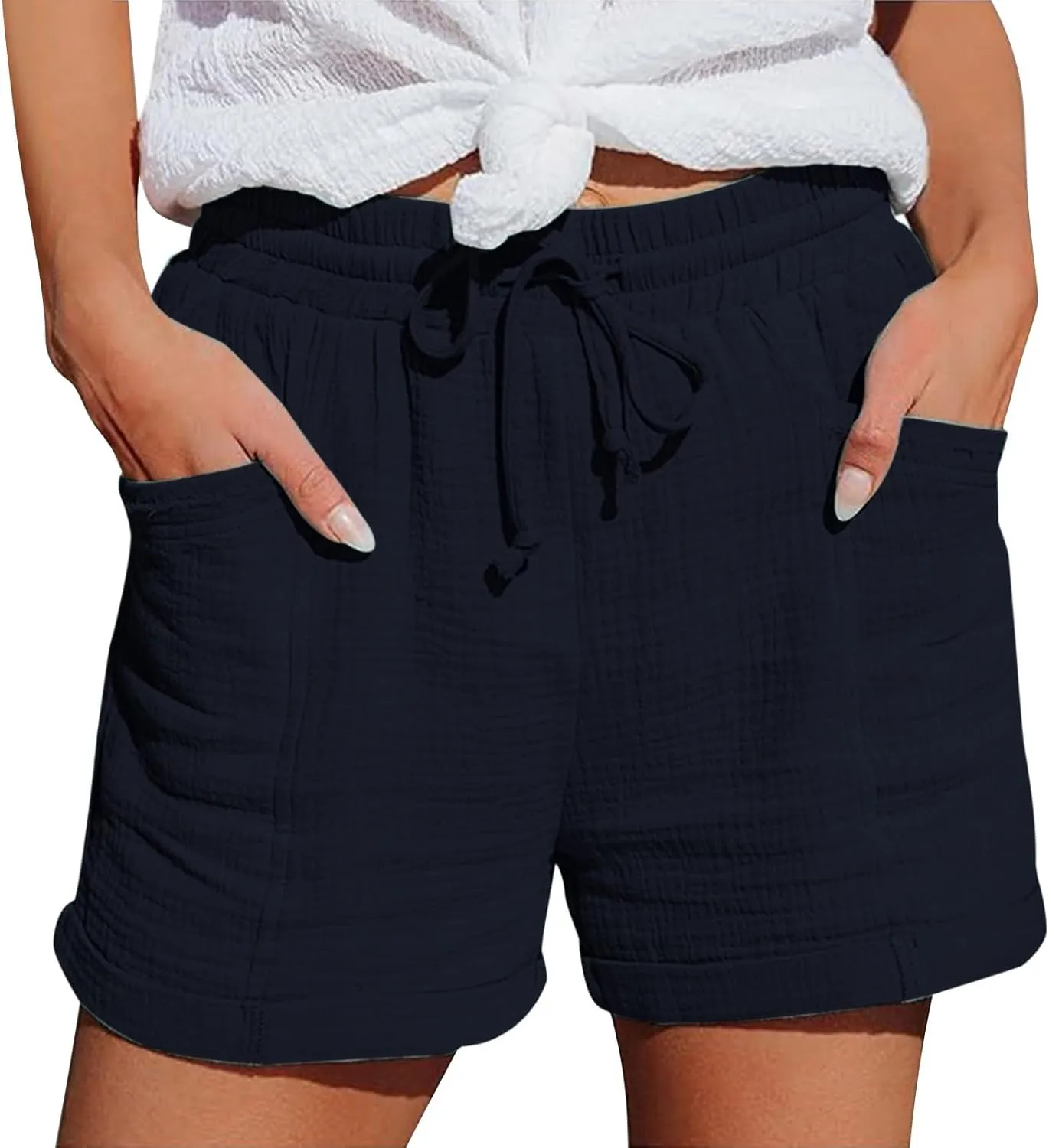 Linen Shorts for Women Elastic Waist Straight Leg Trendy Shorts with Pockets Summer Vacation