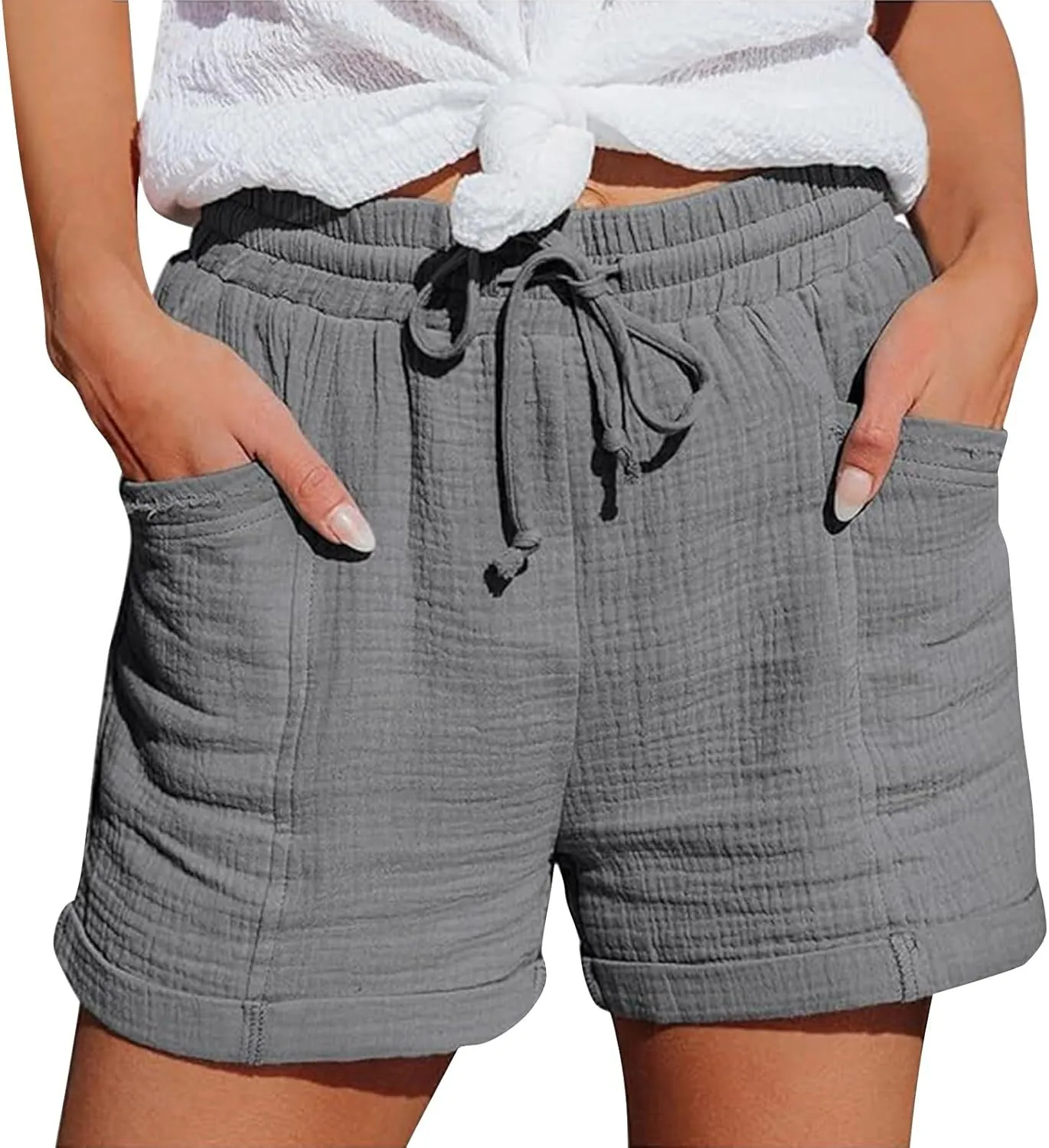 Linen Shorts for Women Elastic Waist Straight Leg Trendy Shorts with Pockets Summer Vacation