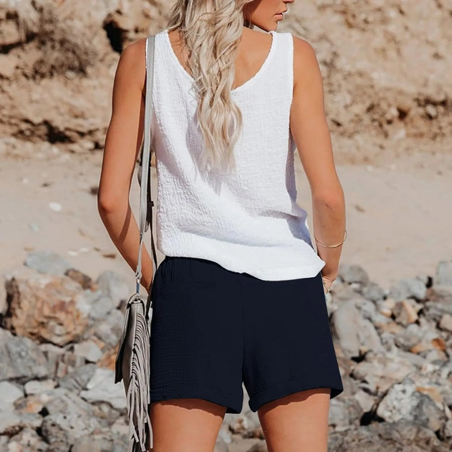 Linen Shorts for Women Elastic Waist Straight Leg Trendy Shorts with Pockets Summer Vacation