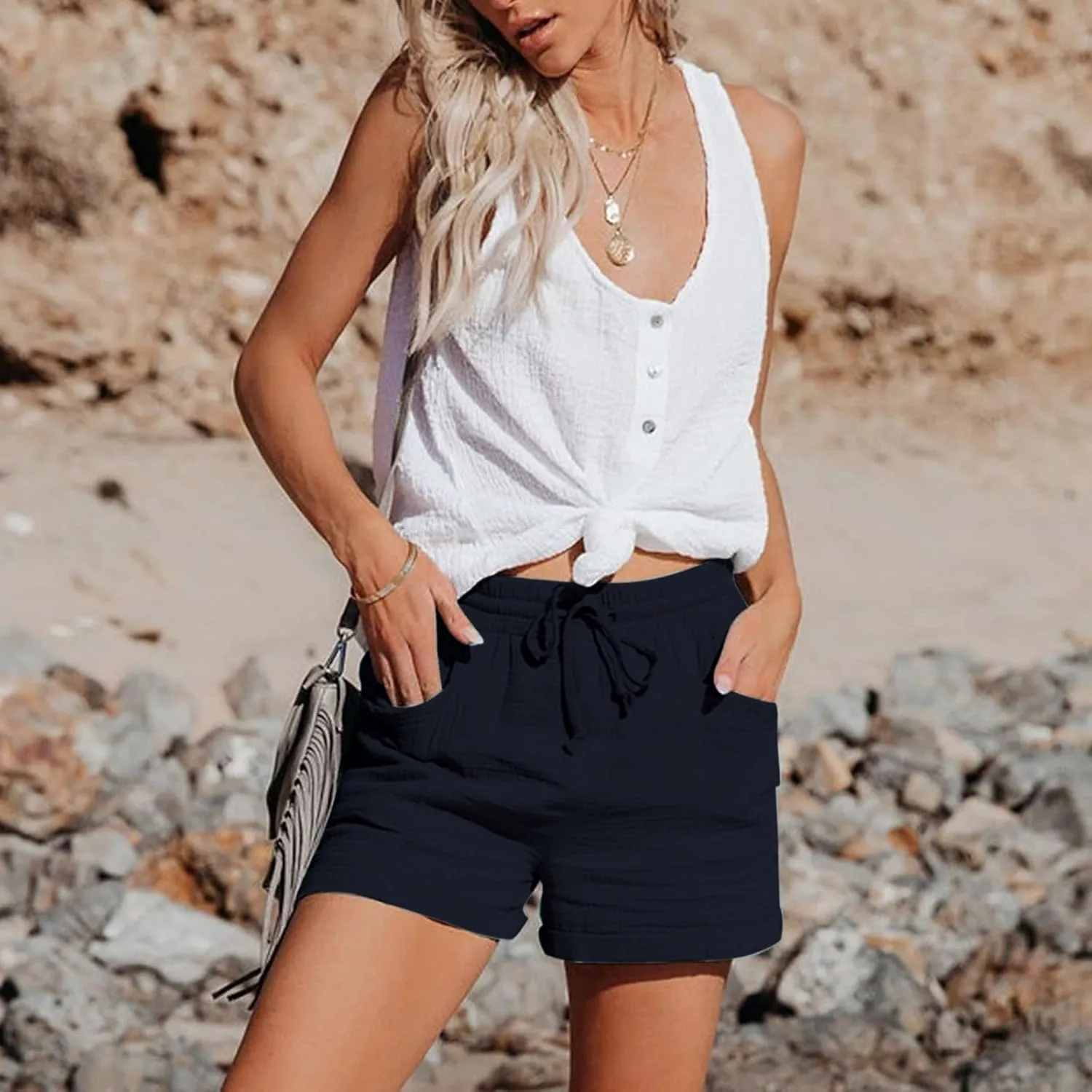 Linen Shorts for Women Elastic Waist Straight Leg Trendy Shorts with Pockets Summer Vacation