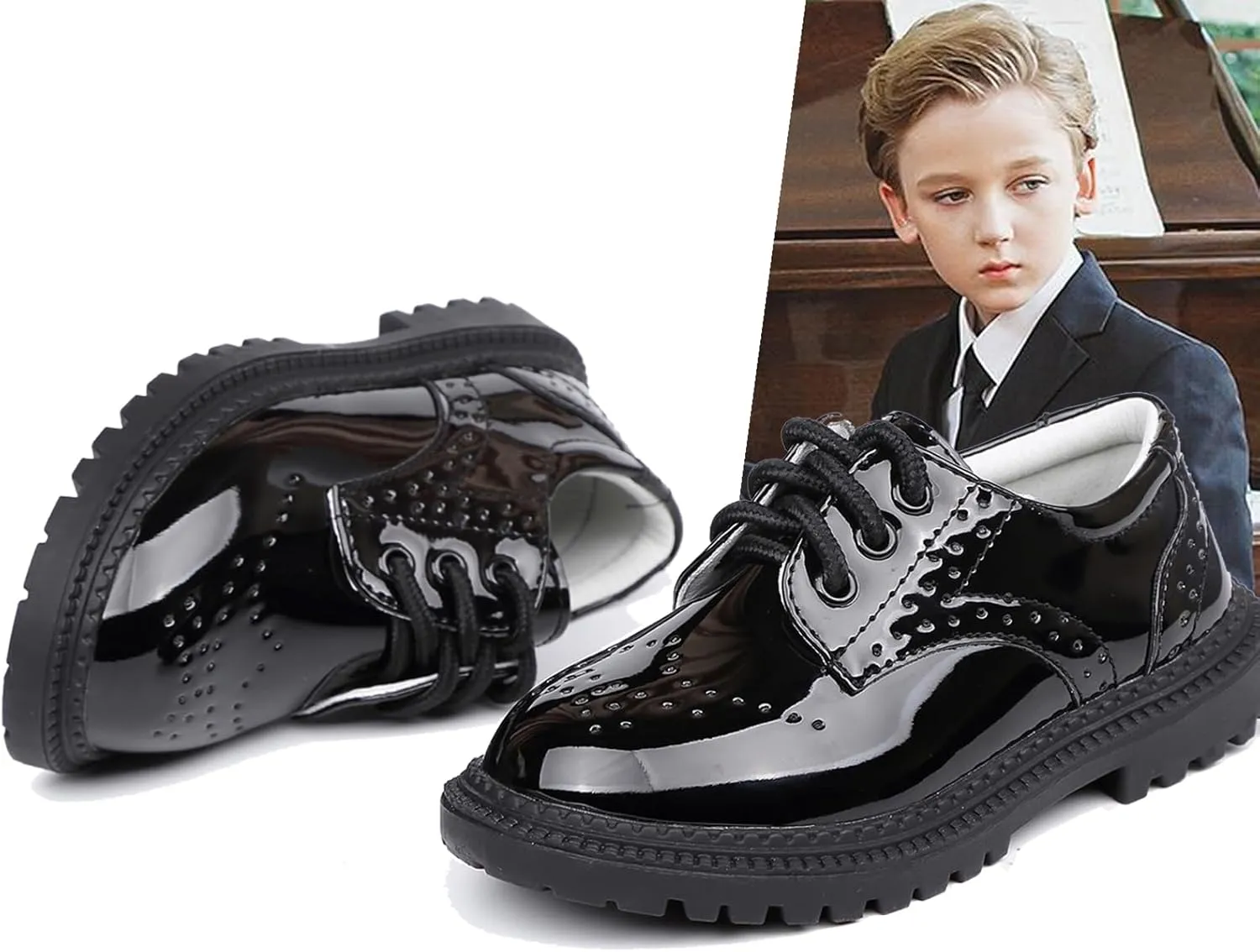 Little Boys Ring Bearer Wedding Lace-Up Oxfords Flats Brogues Boys School Uniform Dress Shoes