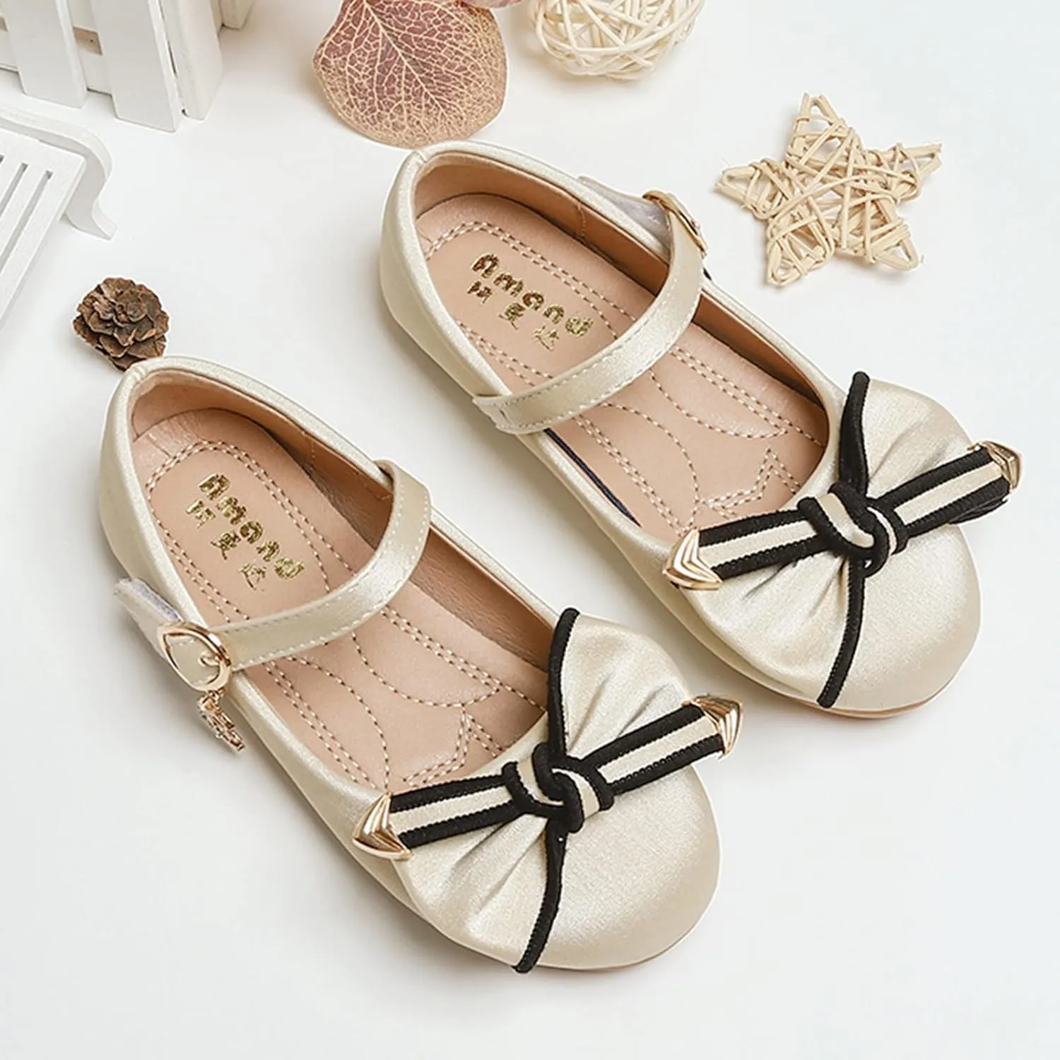 Little Girls Loafers Big Bow Tie Flat Adjustable Strap Shoes with Metal Buckle and Pendant Decoration