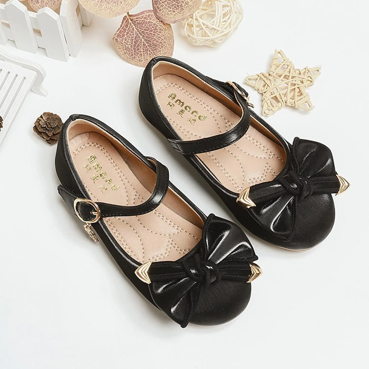 Little Girls Loafers Big Bow Tie Flat Adjustable Strap Shoes with Metal Buckle and Pendant Decoration
