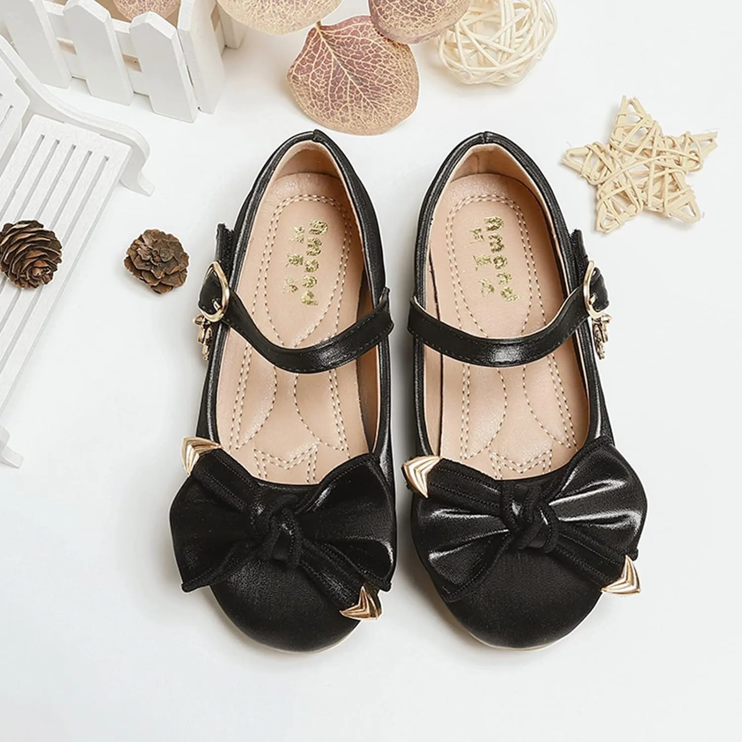 Little Girls Loafers Big Bow Tie Flat Adjustable Strap Shoes with Metal Buckle and Pendant Decoration